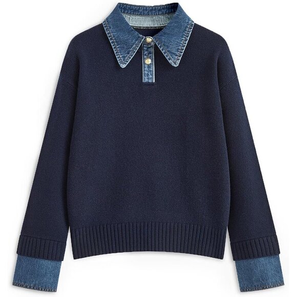 Sweaters - Women's Oversized Denim Collar Sweater Cozy Fall Long Sleeve Tunic Pullover